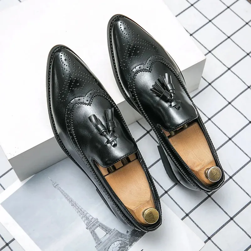 Advbridge  Classic Black Brogues Leather Shoes Men Pointy-toe Dress Shoes Fashion Tassel Mens Formal Shoes Size 48 Casual Business Shoes