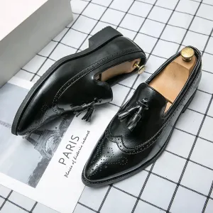 Advbridge  Classic Black Brogues Leather Shoes Men Pointy-toe Dress Shoes Fashion Tassel Mens Formal Shoes Size 48 Casual Business Shoes