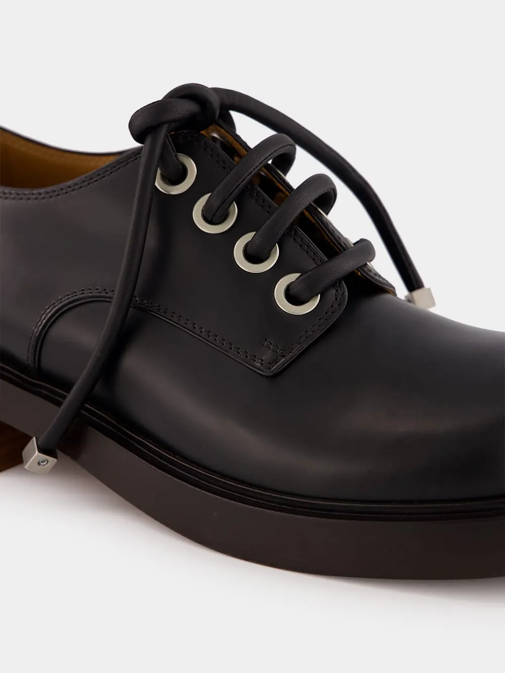 Black Leather Lace-Up Derby Shoes with Square Toe