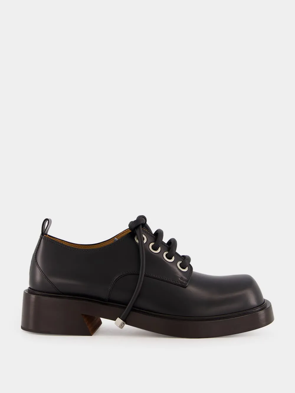 Black Leather Lace-Up Derby Shoes with Square Toe