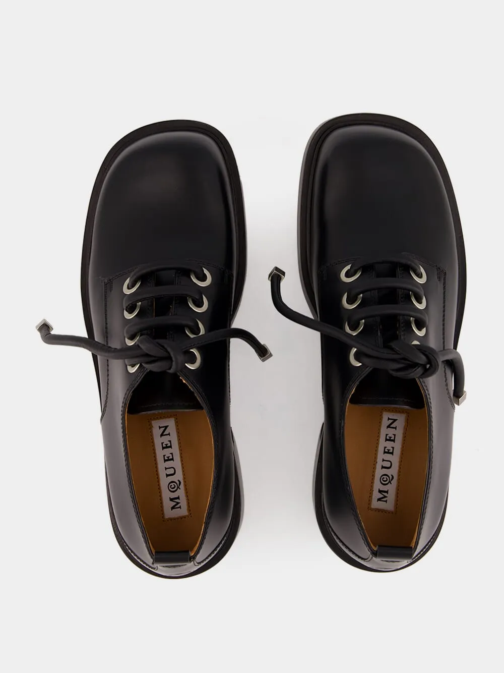 Black Leather Lace-Up Derby Shoes with Square Toe