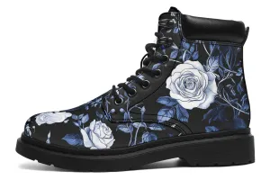 Blue Rose Romance Classic Boots - High Quality Micro-Suede Weatherproof Vegan Shoes with Stitched on Soles