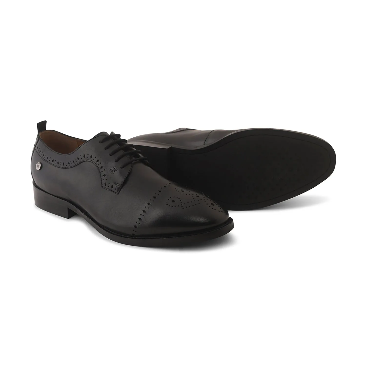 Ezok Men Black Burnish Finish Perforated Leather Derby Shoes