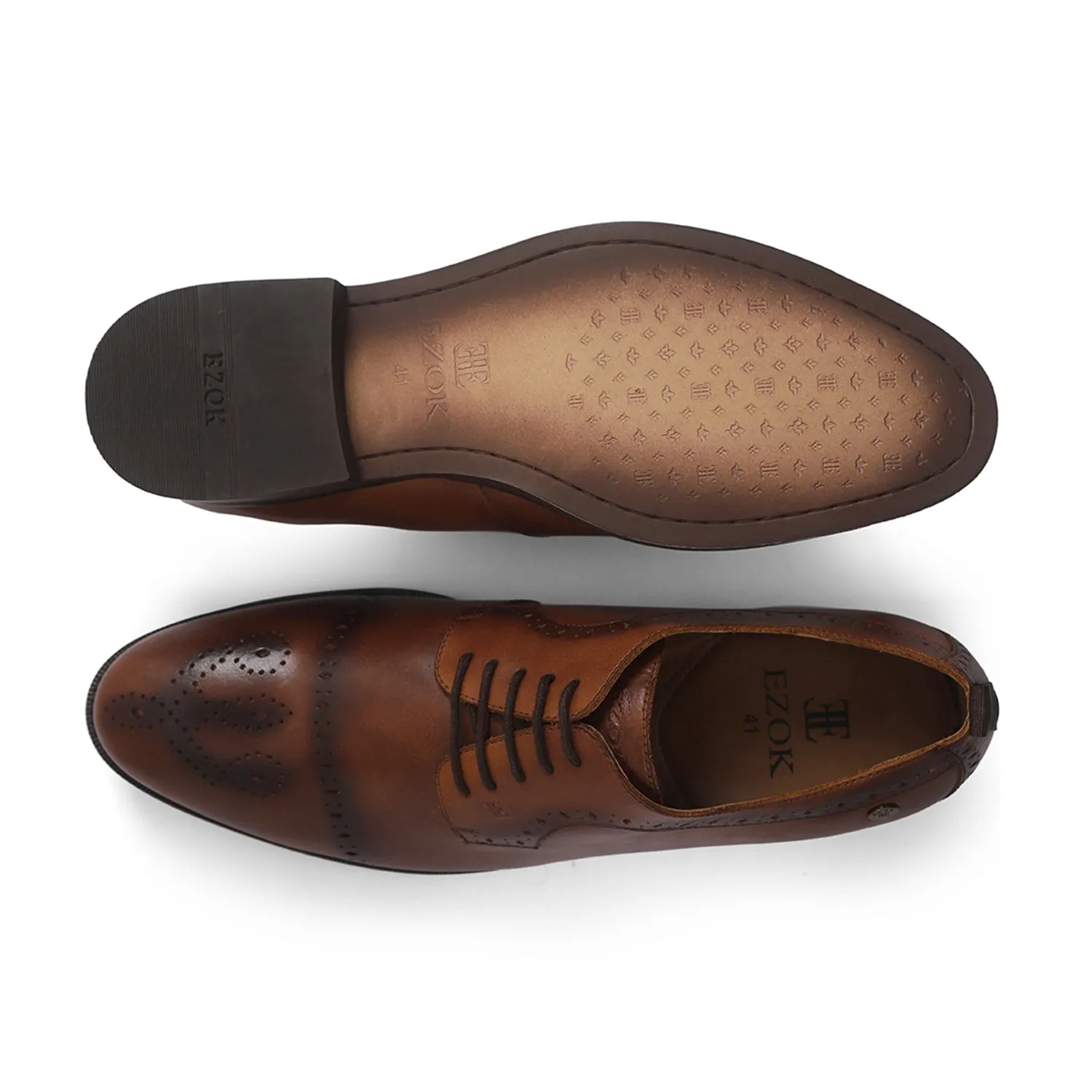 Ezok Men Tan Burnish Finish Perforated Leather Derby Shoes