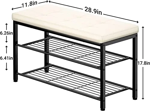 Indian Decor 44572 Shoe Bench, 3 Tier Shoe Rack for Entryway, Metal Frame, Faux Leather Bench Seat, Shoe Rack Bench Organizer with Mesh Seat, Black with White Cushion