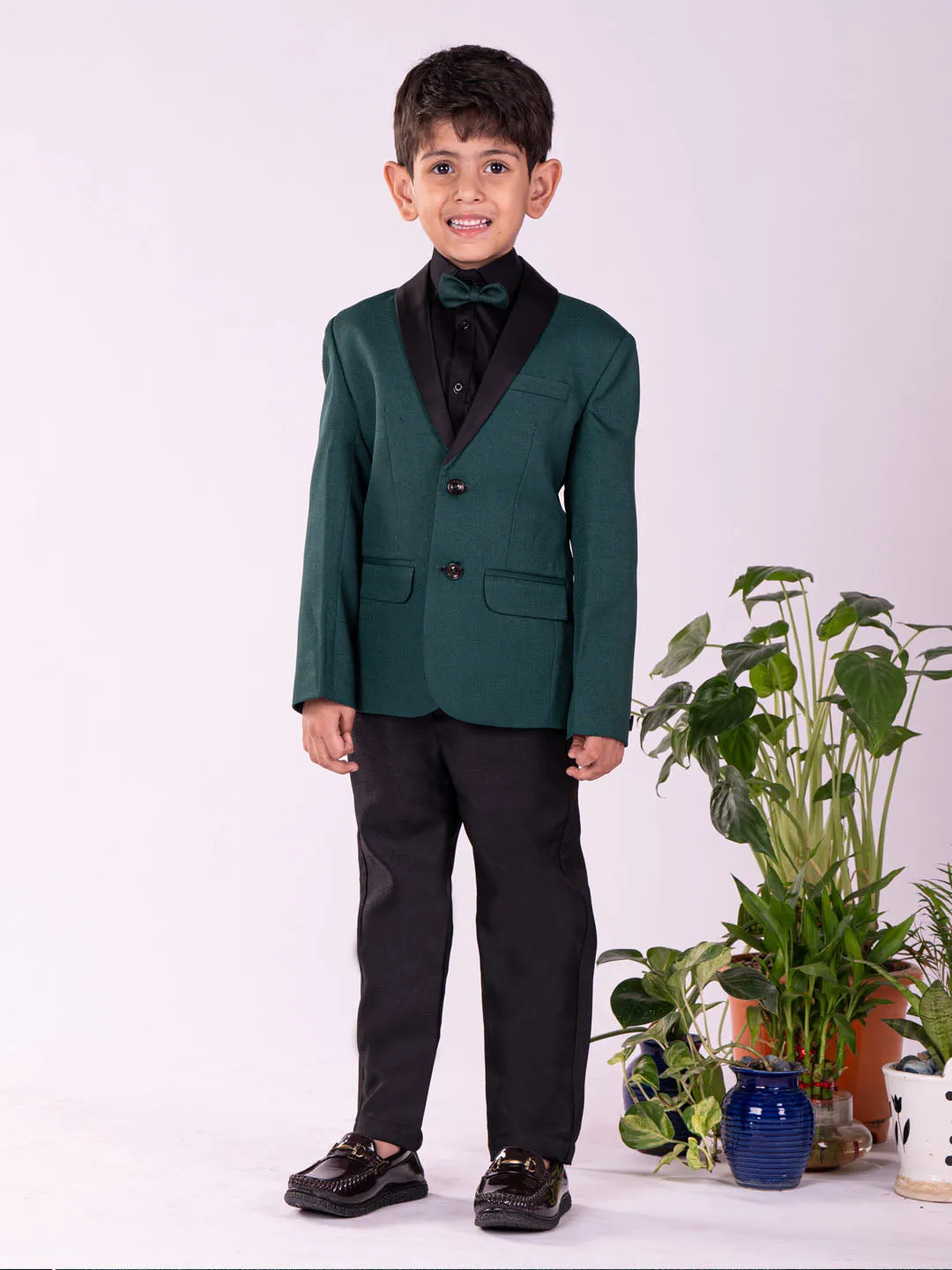 Jashvi Boys' Black And Green Shirt Blazer And Pant