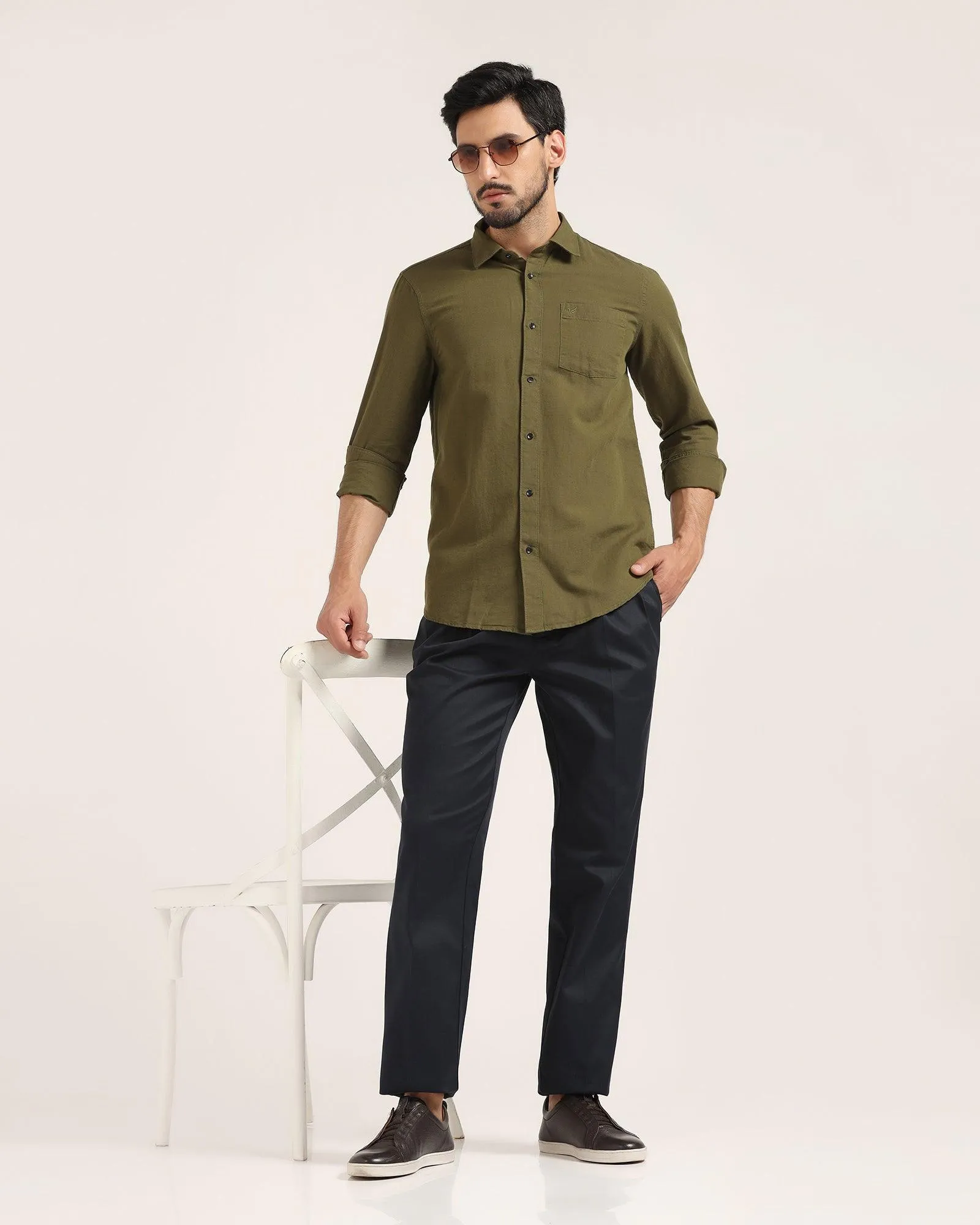 Linen Casual Olive Solid Shirt - Lang