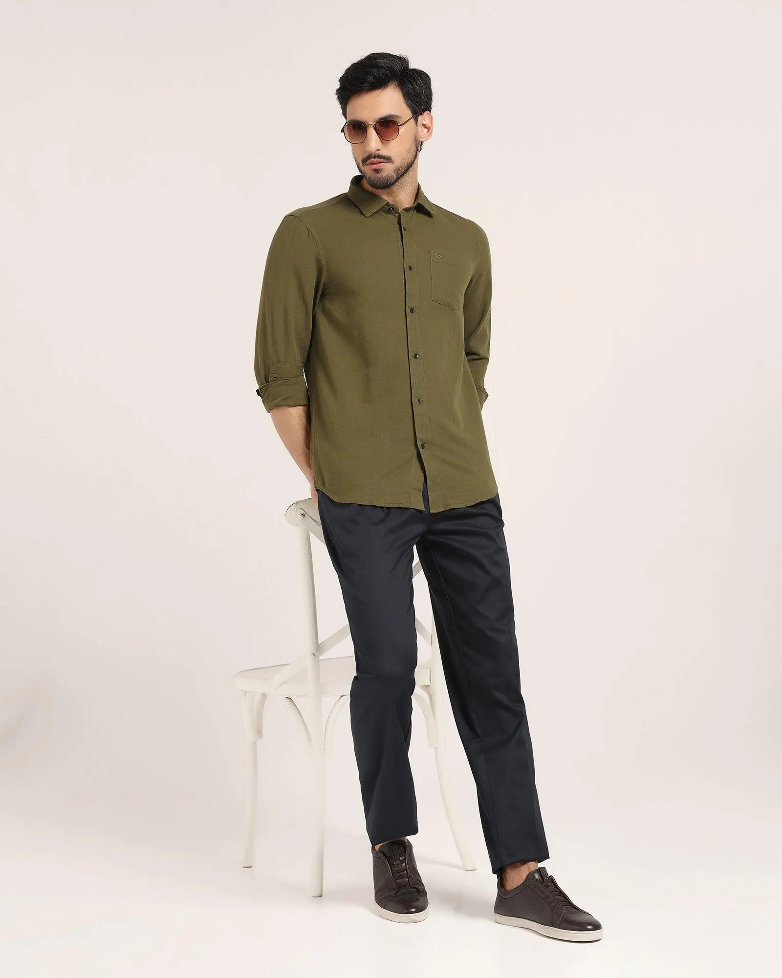 Linen Casual Olive Solid Shirt - Lang