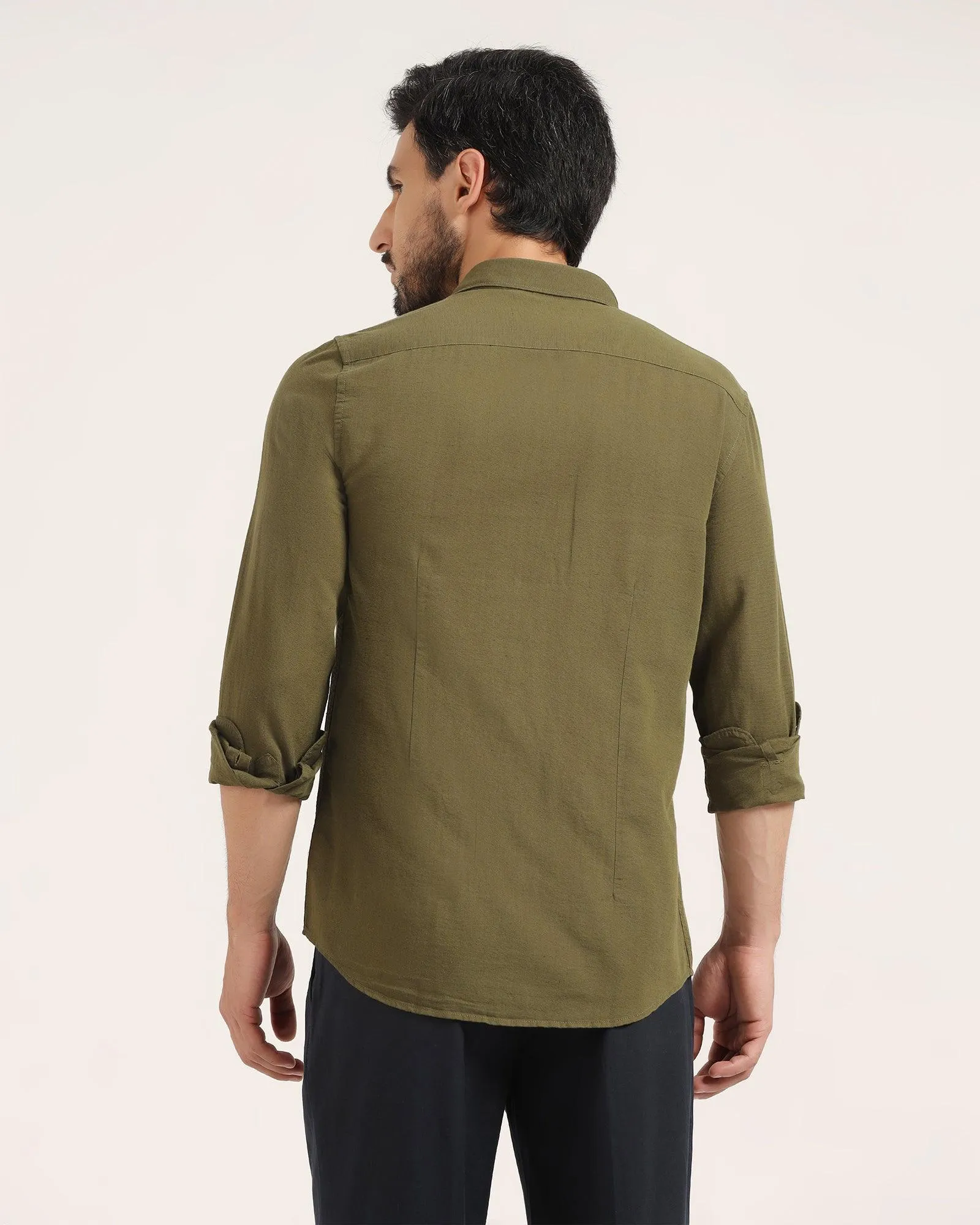 Linen Casual Olive Solid Shirt - Lang