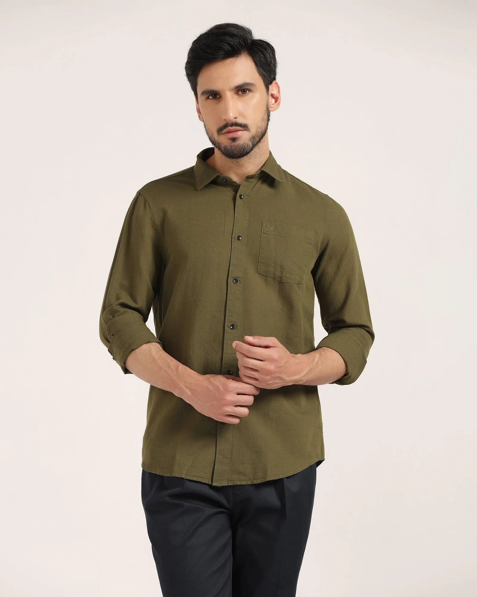 Linen Casual Olive Solid Shirt - Lang