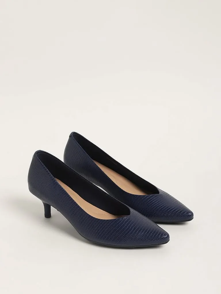 LUNA BLU Navy Textured Pointed Pump Shoes