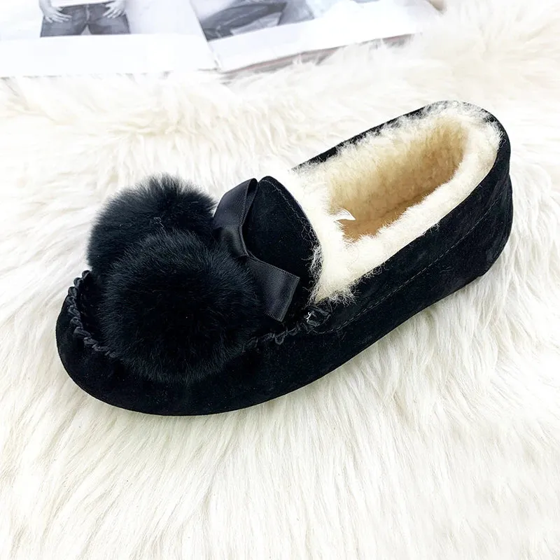 New Top Quality Women Flats 100% Natural Fur Genuine Leather Ankle Shoes Fashion Women Moccasins Casual Slip On Winter Shoes