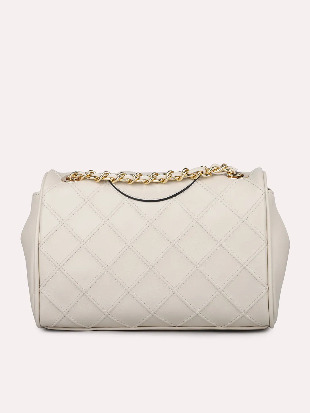 Women Beige Structured Chain Sling Bag with Quilted Texture