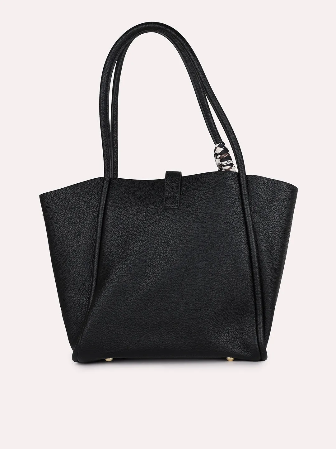 Women Black Solid Structured Oversized Tote Bag With Buckle Detail