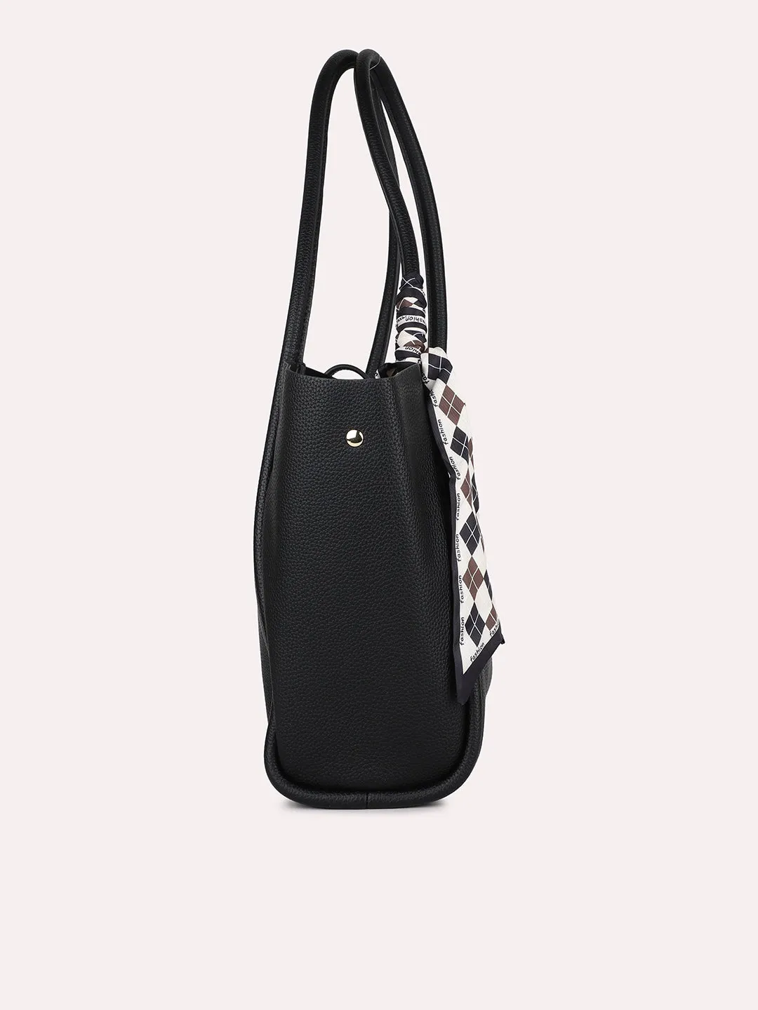 Women Black Solid Structured Oversized Tote Bag With Buckle Detail